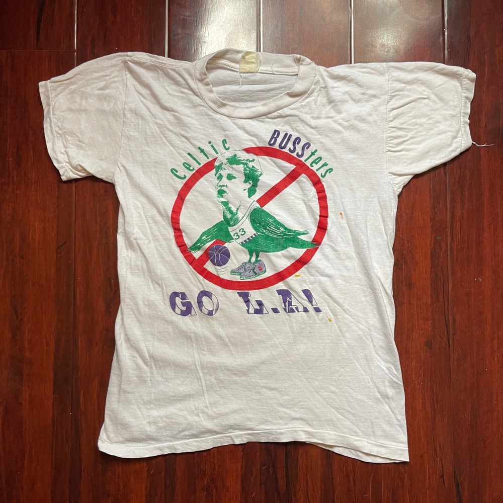 Vintage Celtic Bussters Go LA! Larry Bird Tee Shirt 80s White Lakers Men's Large